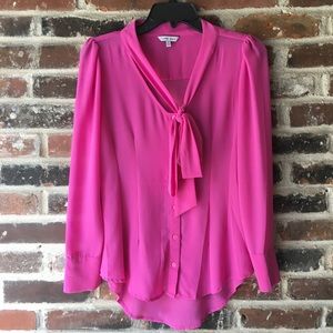 Naked Zebra- Pink Button Down Long Tie Neck Blouse